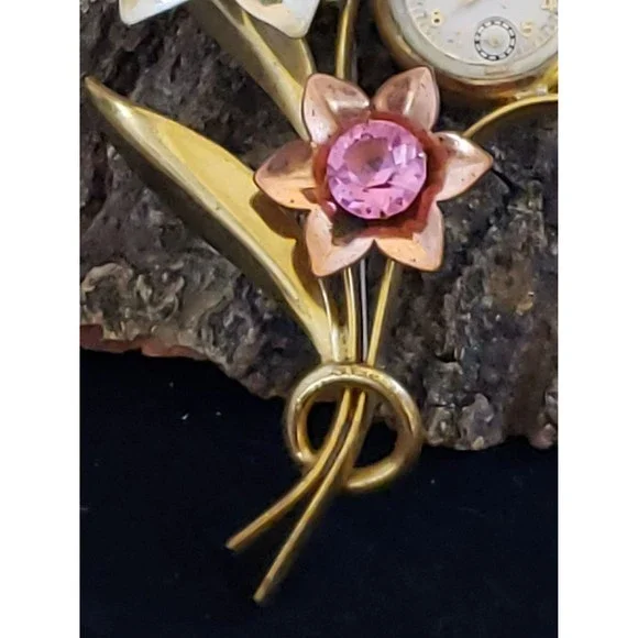 Vintage Croydon Watch Flower Bouquet Brooch Pin, Metal Floral Arrangement